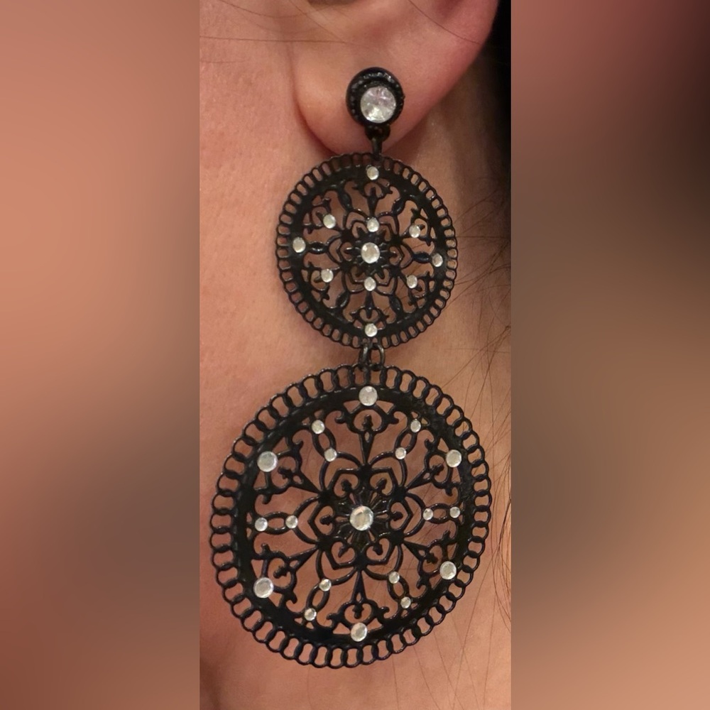 Black Beaded Double-Drop Earrings with Faceted Accents